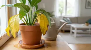 Pianta da interno in vaso con foglie gialle accanto a un annaffiatoio, vicino a una finestra