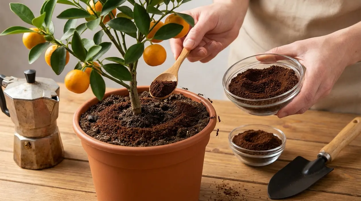 Persona che sparge fondi di caffè in un vaso con agrume per allontanare le formiche e nutrire il terriccio