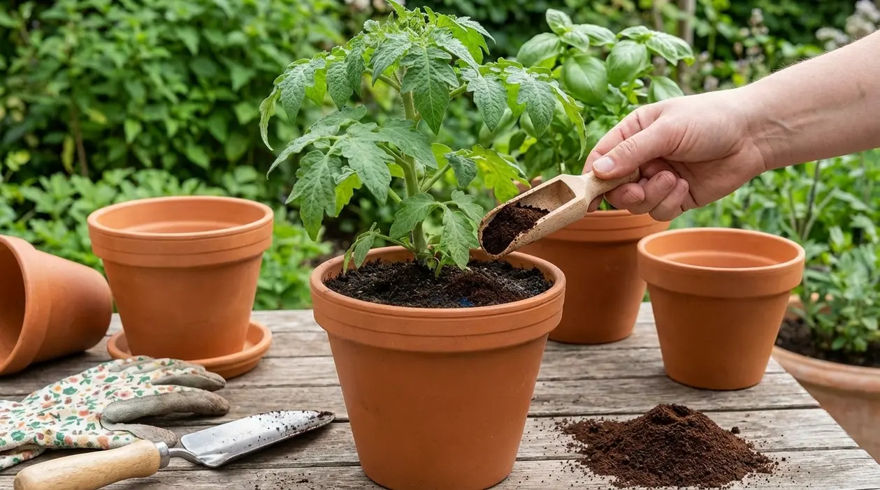 Mano che aggiunge fondi di caffè a una pianta in vaso nell'orto, accanto ad attrezzi da giardinaggio