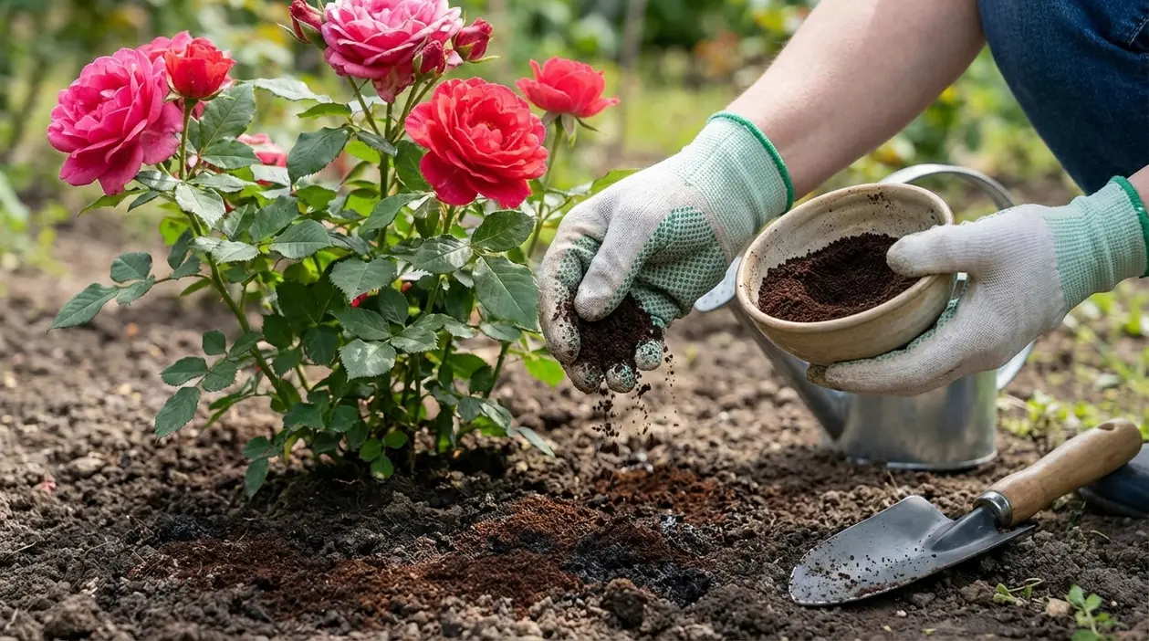 Persona con guanti sparge fondi di caffè alla base di un cespuglio di rose rosa in giardino