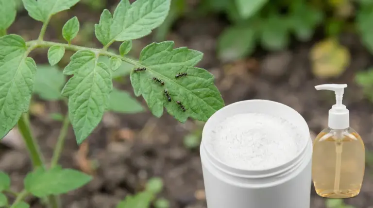Formiche su una pianta in giardino accanto a borotalco e sapone liquido usati come rimedio naturale