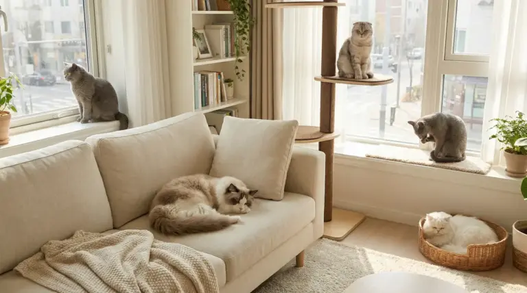 Gatti tranquilli in un soggiorno luminoso: uno sul divano, alcuni sul davanzale e su un tiragraffi