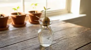 Seme di avocado germogliato in un bicchiere d’acqua con stuzzicadenti, radici visibili su un tavolo vicino alla finestra