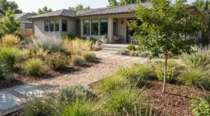 Giardino a bassa manutenzione con ghiaia, lastre in pietra, pacciamatura e graminacee davanti a una casa moderna