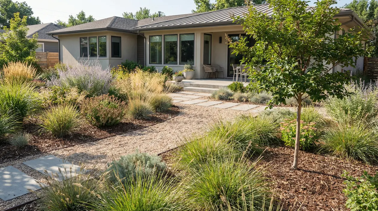 Giardino a bassa manutenzione con ghiaia, lastre in pietra, pacciamatura e graminacee davanti a una casa moderna