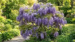 Glicine in fiore con grappoli viola, cresciuto come alberello senza sostegni in un giardino verde