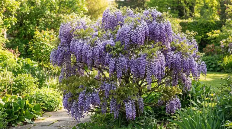 Glicine in fiore con grappoli viola, cresciuto come alberello senza sostegni in un giardino verde