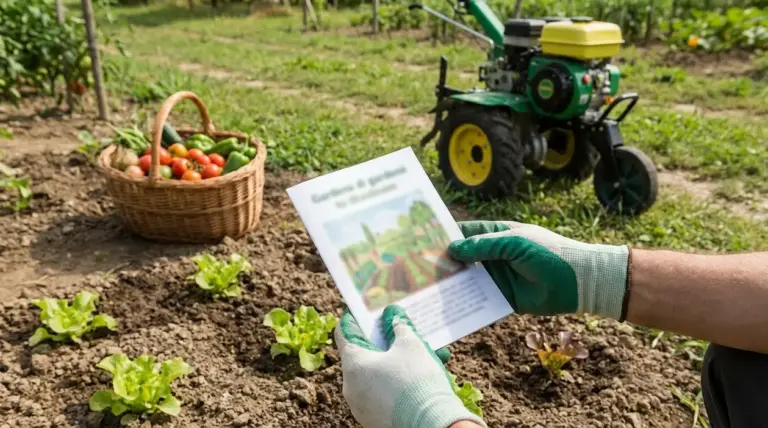 Persona nell'orto legge una guida prima del trapianto, tra lattughe, cesta di verdure e motocoltivatore