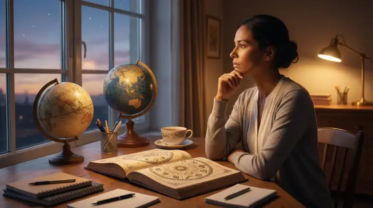 Una donna pensierosa alla scrivania con libro di astrologia aperto e globi terrestri, alla luce di una lampada serale