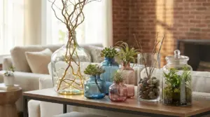 Vasi e barattoli di vetro decorativi sul tavolino del salotto con piante, rami, luci e ciottoli