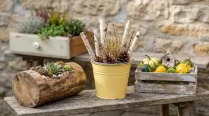 Fioriere decorative con succulente, pigne e rami di betulla e una cassetta con zucche su un tavolo di legno