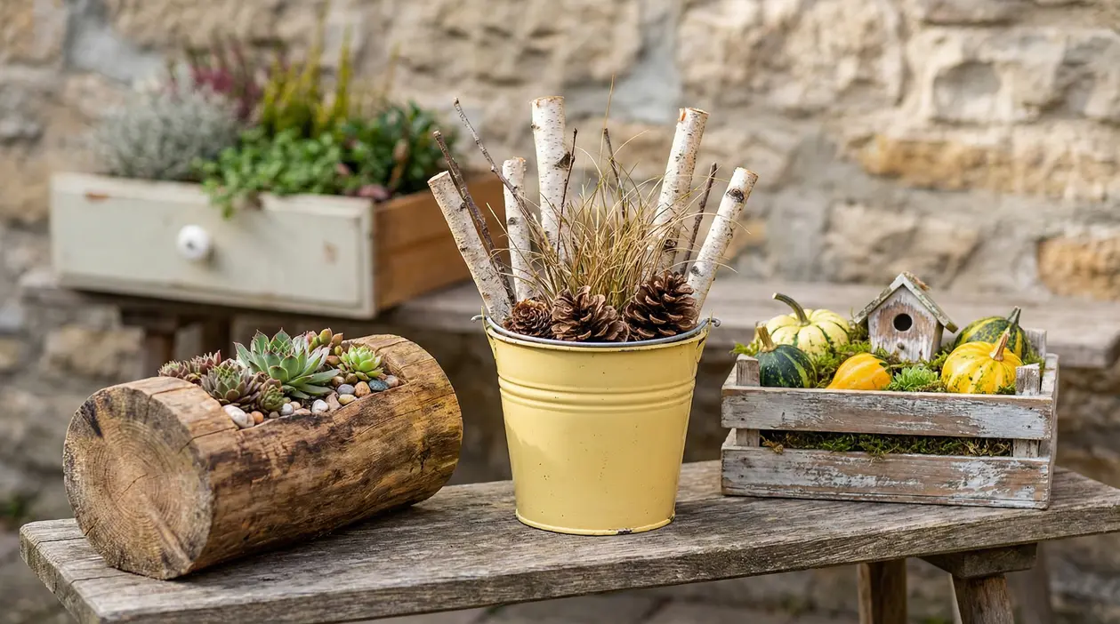 Fioriere decorative con succulente, pigne e rami di betulla e una cassetta con zucche su un tavolo di legno