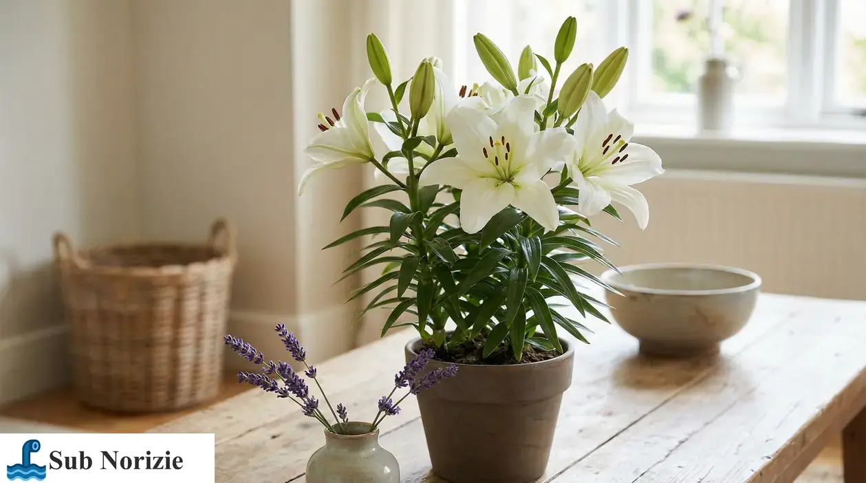 Giglio bianco profumato in vaso su tavolo di legno, illuminato dalla luce vicino a una finestra