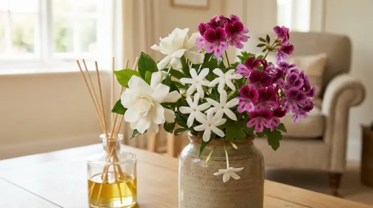 Bouquet di fiori profumati bianchi e viola in vaso su un tavolo, accanto a un diffusore per ambienti