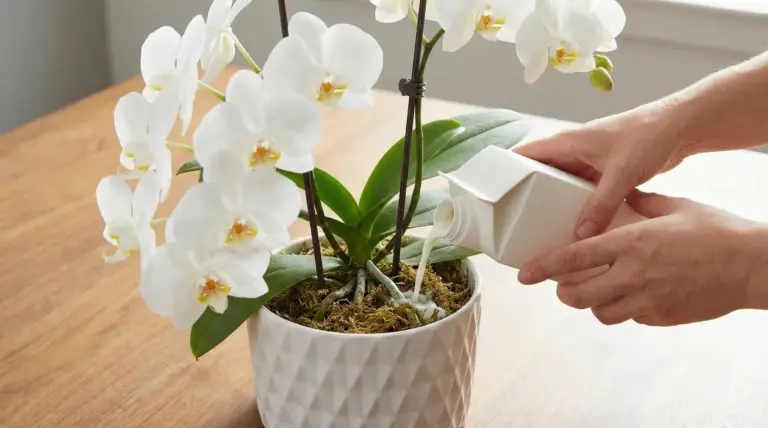 Mani che versano fertilizzante liquido su un’orchidea Phalaenopsis bianca in vaso, su tavolo di legno