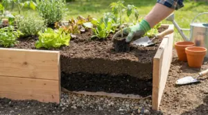 Mani con guanti trapiantano una piantina in un orto rialzato con strati di drenaggio tra terra e piante