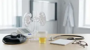 Modello anatomico dei reni con campione di urina e strumenti medici su un tavolo in ambulatorio