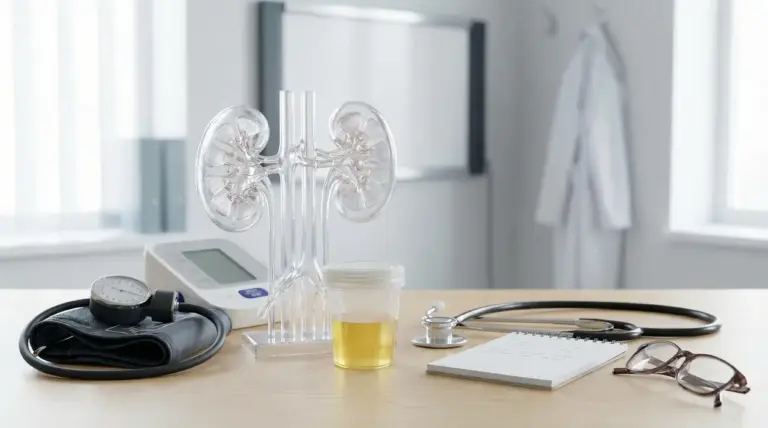 Modello anatomico dei reni con campione di urina e strumenti medici su un tavolo in ambulatorio