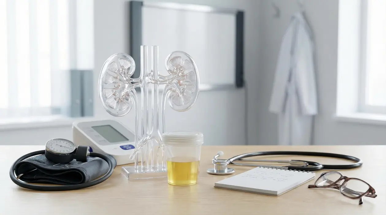 Modello anatomico dei reni con campione di urina e strumenti medici su un tavolo in ambulatorio