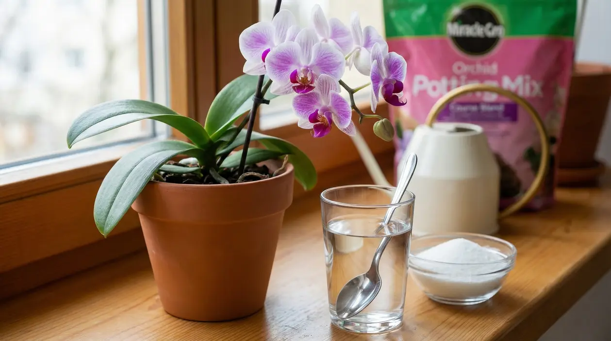 Orchidea Phalaenopsis in vaso sul davanzale con bicchiere d’acqua, cucchiaio e ciotola di ingrediente per la fioritura