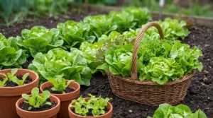 Ceste e vasi con lattuga fresca nell'orto, tra piantine giovani e cespi pronti da raccogliere