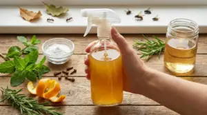 Mano che tiene uno spray con insetticida naturale fai da te su tavolo con menta, rosmarino, chiodi di garofano e aceto
