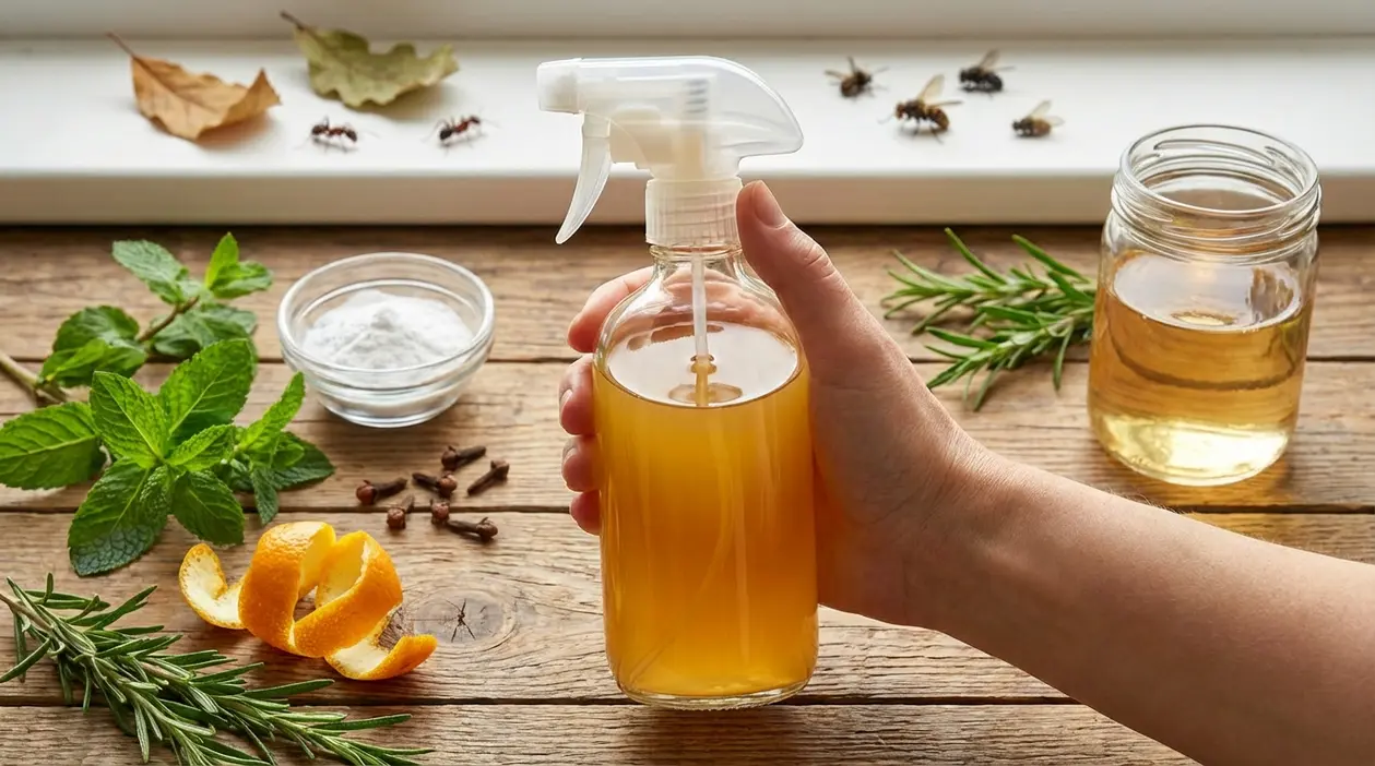 Mano che tiene uno spray con insetticida naturale fai da te su tavolo con menta, rosmarino, chiodi di garofano e aceto