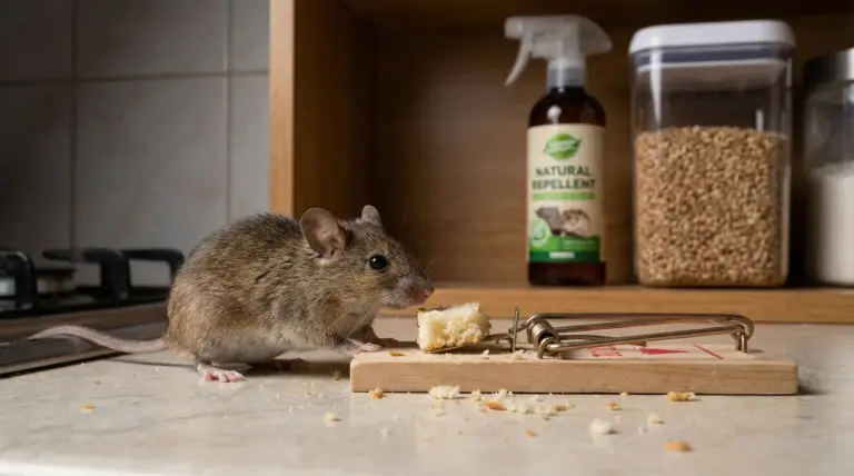 Topo su un piano cucina accanto a una trappola con esca, vicino a dispense e contenitori alimentari