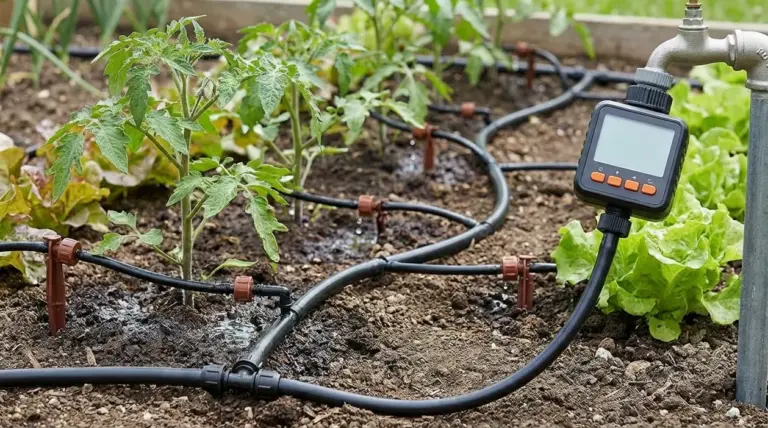 Impianto di irrigazione a goccia con centralina in un orto, tra pomodori e lattuga