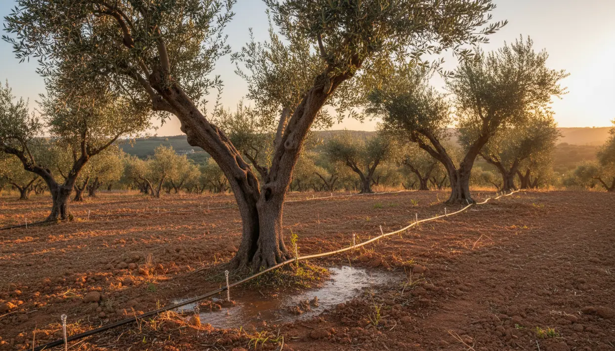 Oliveto con impianto di irrigazione a goccia vicino al tronco, terreno umido al tramonto
