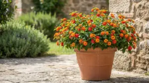 Pianta fiorita in vaso di terracotta con fiori arancioni e rossi su patio in pietra, accanto a un muro rustico