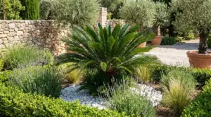 Cicade (Cycas revoluta) al centro di un’aiuola con ghiaia bianca e piante mediterranee in giardino