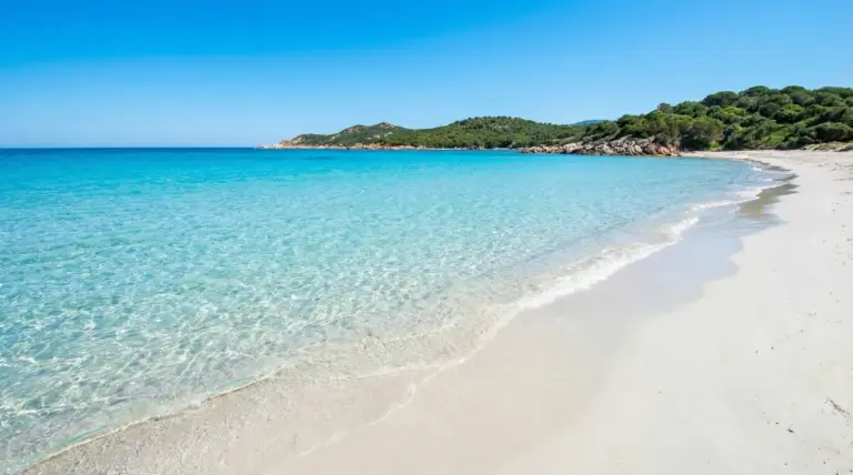 Spiaggia di sabbia bianca con mare turchese e costa verde, acqua cristallina e riva pulita in una baia tranquilla