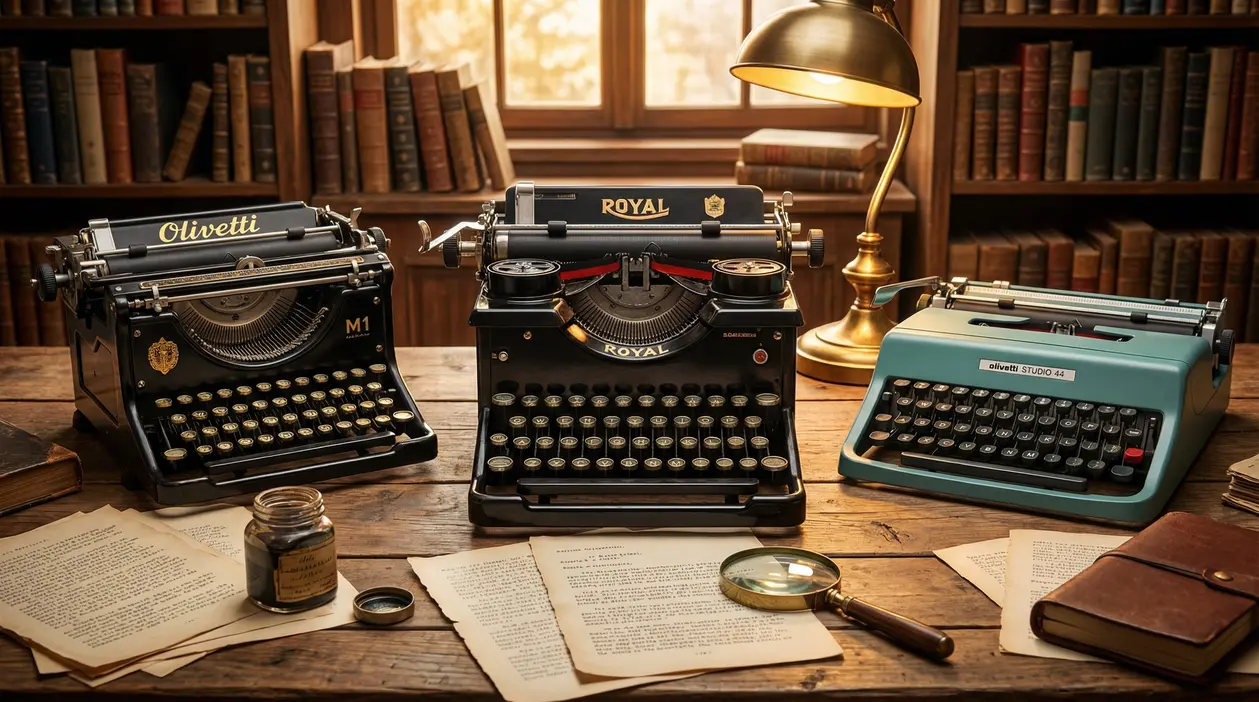 Tre macchine da scrivere vintage su una scrivania in legno, con libri, lampada da tavolo e fogli dattiloscritti