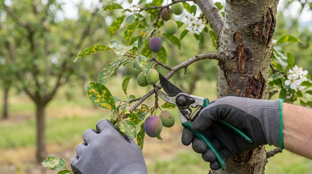 Potatura di un ramo di susino con foglie macchiate, segni di malattia nelle piante da frutto