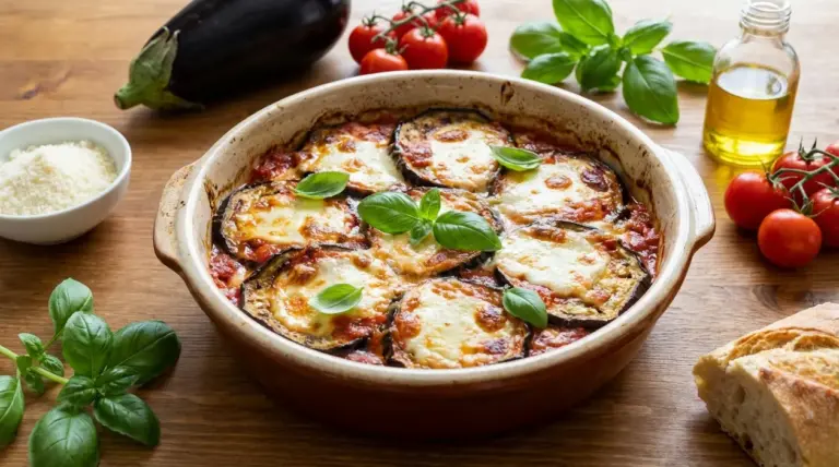 Teglia di melanzane alla parmigiana al forno con pomodoro, formaggio fuso e basilico fresco