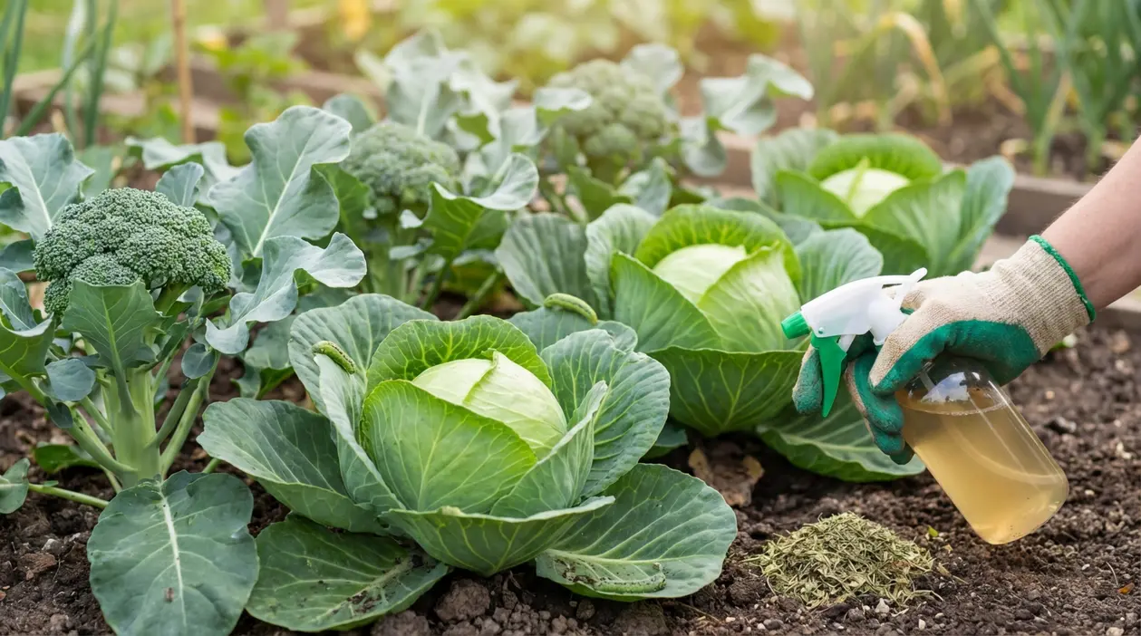 Cavoli e broccoli nell’orto con bruchi sulle foglie mentre una mano spruzza un trattamento naturale