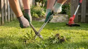 Persona rimuove erbacce dal prato con un estrattore manuale in giardino