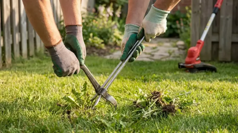 Persona rimuove erbacce dal prato con un estrattore manuale in giardino
