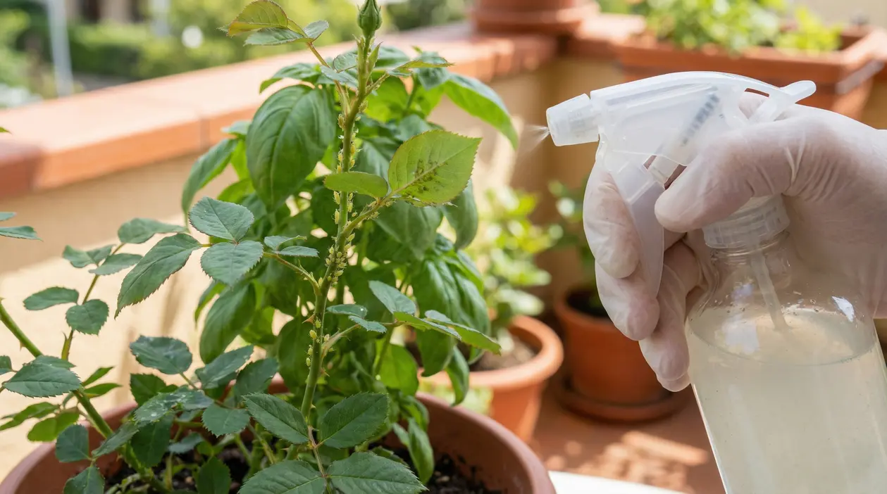 Spruzzino con rimedio naturale su una pianta da balcone infestata da pidocchi verdi in vaso