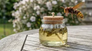 Calabrone vicino a un barattolo con rimedio naturale repellente su un tavolo in giardino