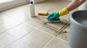 Mano con guanto che strofina le fughe nere del pavimento con spazzola, accanto a secchio e detergente