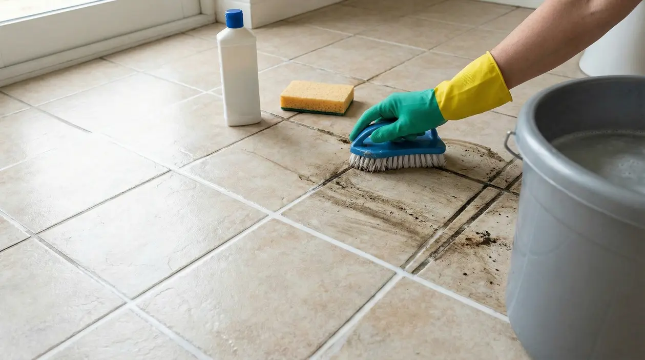 Mano con guanto che strofina le fughe nere del pavimento con spazzola, accanto a secchio e detergente