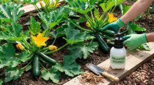 Pianta di zucchine nell’orto con fiori gialli e una persona con guanti che usa uno spruzzatore preventivo naturale