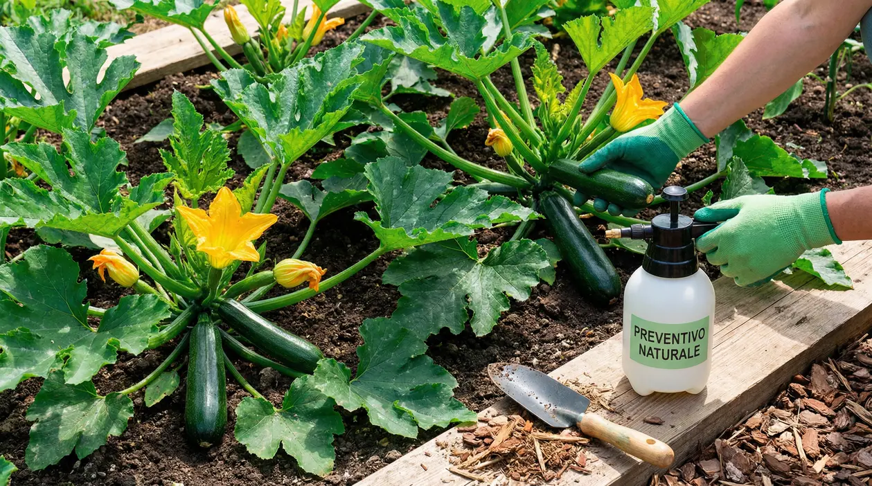Pianta di zucchine nell’orto con fiori gialli e una persona con guanti che usa uno spruzzatore preventivo naturale