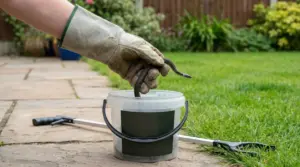 Mano con guanto da giardinaggio che prende un serpente e lo mette in un secchio di plastica in giardino