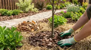 Persona che stende pacciame naturale di corteccia e paglia attorno a un albero in giardino