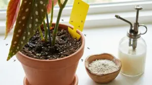Pianta in vaso con moscerini del terriccio, trappola adesiva gialla e rimedi naturali accanto