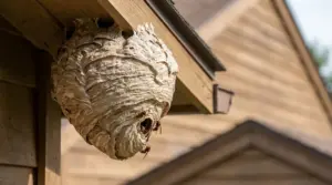Nido di calabroni sotto il tetto di una casa, con insetti visibili all’ingresso