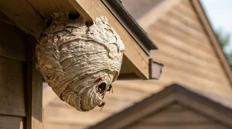 Nido di calabroni sotto il tetto di una casa, con insetti visibili all’ingresso